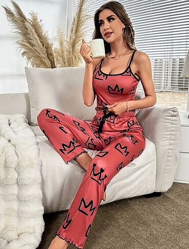 Taç Desenli Pijama Takımı, Yuvarlak Yaka Kolsuz Üst & Yay Süsü E