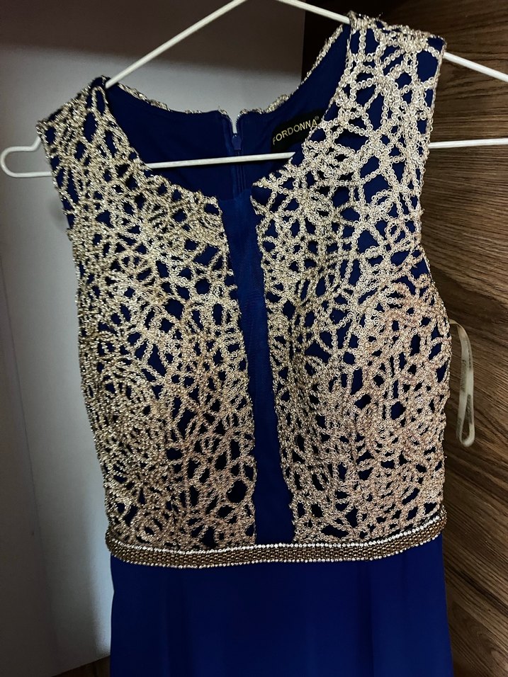 Saks Mavisi, İşlemeli Uzun Balık Abiye Elbise - Görsel 2