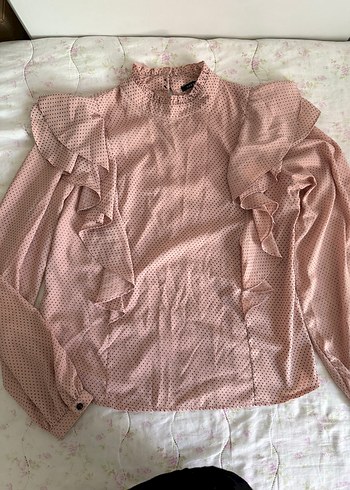 Puantiyeli Pembe Uzun Kollu Fırfırlı Bluz