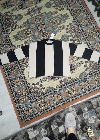 MNG marka Kremi Siyah Çizgili Salaş Örgü Kadın Kazak - Görsel 3