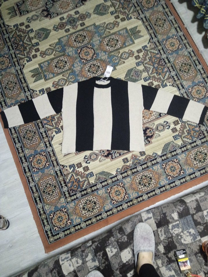 MNG marka Kremi Siyah Çizgili Salaş Örgü Kadın Kazak - Görsel 3