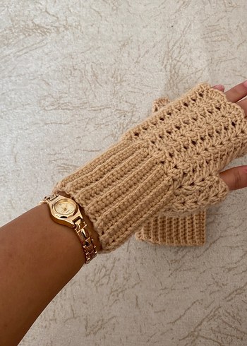 Bej Örgü Parmaksız Kadın Eldiveni - Görsel 2