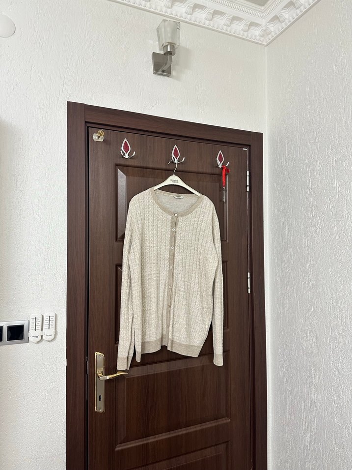 Bej Örgü Kadın Hırka, Uzun Kollu, Salaş Kesim - Görsel 2