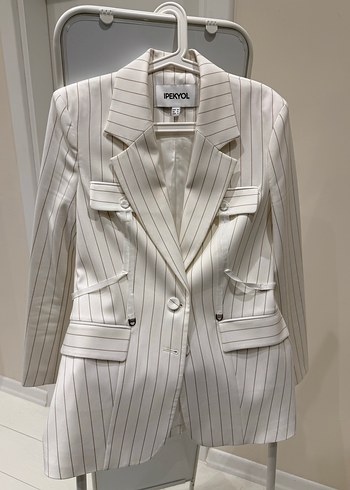 Beyaz Çizgili Kadın Midi Blazer