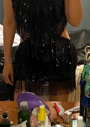 Siyah Püsküllü Mini Gece Elbisesi - Görsel 5