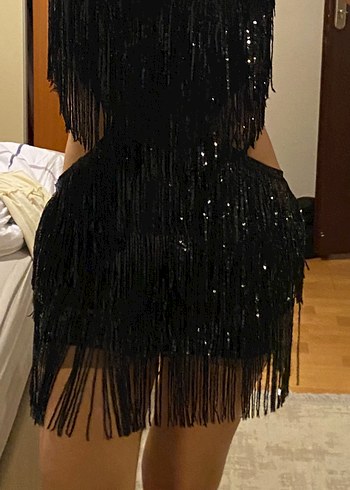 Siyah Püsküllü Mini Gece Elbisesi - Görsel 3