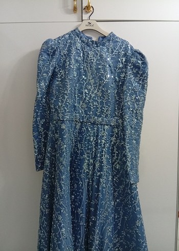 Bohem Yüksek Yakalı Uzun Lacivert Elbise - Görsel 3