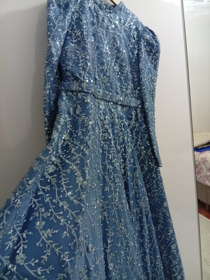 Bohem Yüksek Yakalı Uzun Lacivert Elbise - Görsel 2