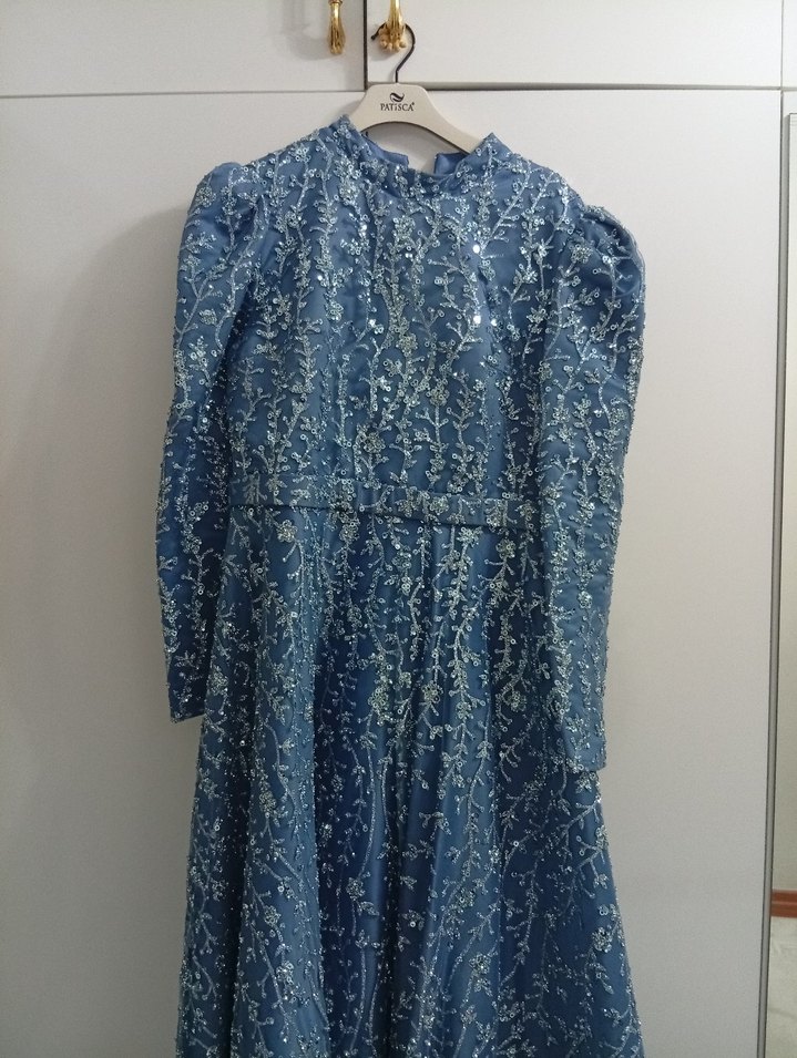 Bohem Yüksek Yakalı Uzun Lacivert Elbise - Görsel 3