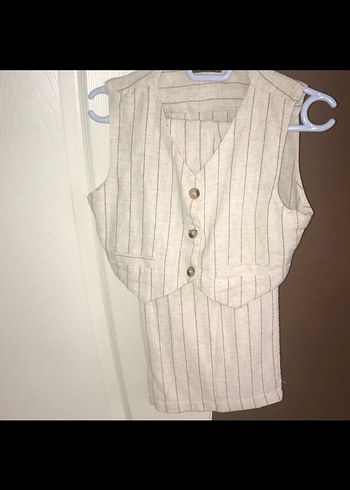Bej Çizgili kadın yelek ile pantolon takımı