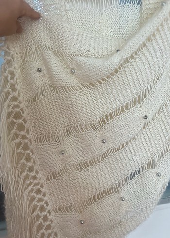 Beyaz Örgü Bohem Tarzı Kadın Şal - Görsel 5