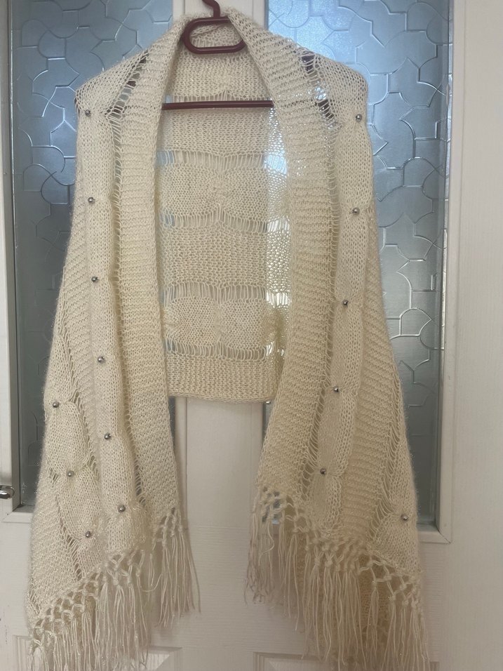 Beyaz Örgü Bohem Tarzı Kadın Şal - Görsel 4