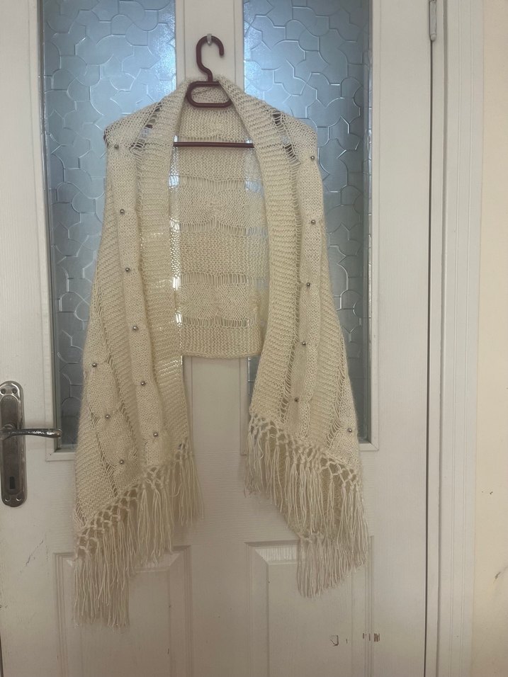 Beyaz Örgü Bohem Tarzı Kadın Şal - Görsel 3