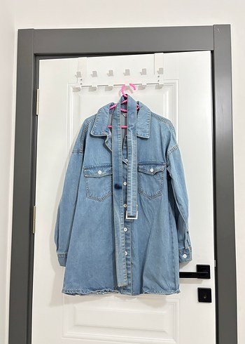 Bağlamalı, Halter Yaka, Mavi Denim Ceket