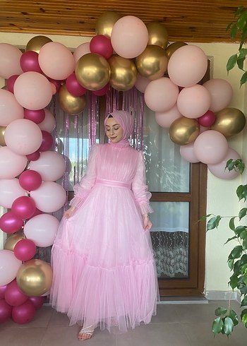 Diğer Pembe Uzun Drapeli Tesettür Abiye Elbise