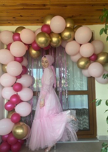 s Beden pembe Renk Pembe Uzun Drapeli Tesettür Abiye Elbise