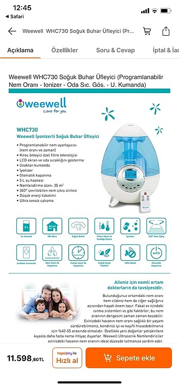 Weewell WHC730 İyonizerli Soğuk Buhar Makinesi - Görsel 14