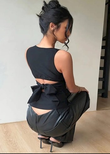 Diğer Siyah Deri Mini Crop Top