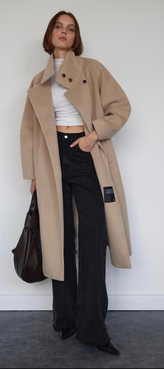 Düğmeli Bej Uzun Kaban - Görsel 3