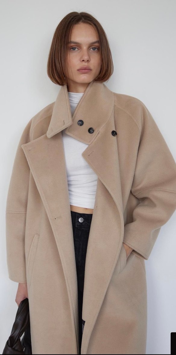 Düğmeli Bej Uzun Kaban - Görsel 2