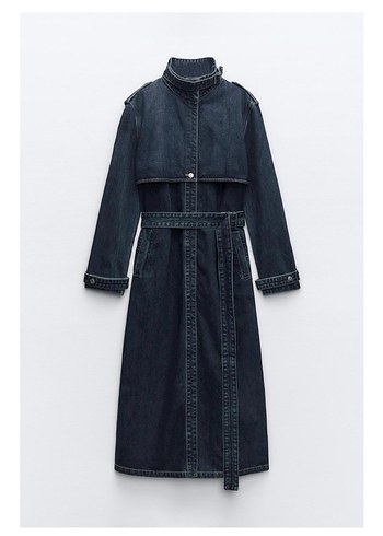 Zara - Kadın Kemerli Mavi Denim Trençkot - Görsel 4