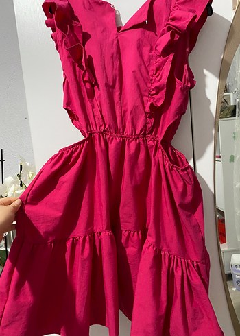 Pembe Volanlı Bohem V Yaka Elbise