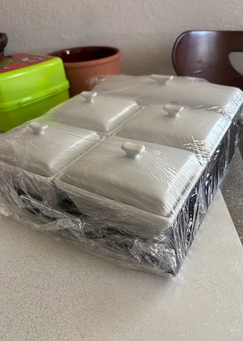 Porselen Kapaklı Ahşap standlı  5'li kahvaltı Saklama  Seti - Görsel 2