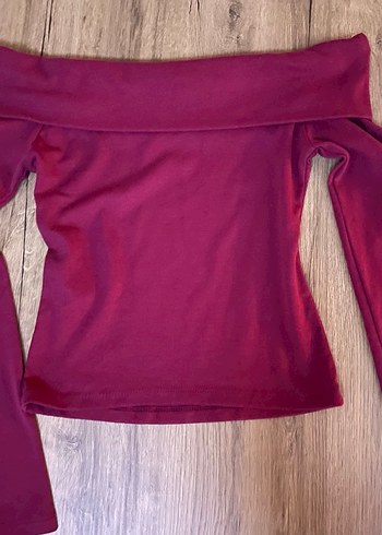 stradivarius Bordo Drapeli Kayık Yaka Uzun Kollu Bluz - Görsel 2