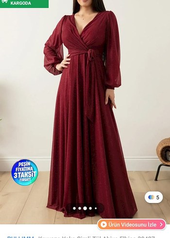 38 Beden Bordo Uzun Kollu V Yakalı Dökümlü Kadın Abiye