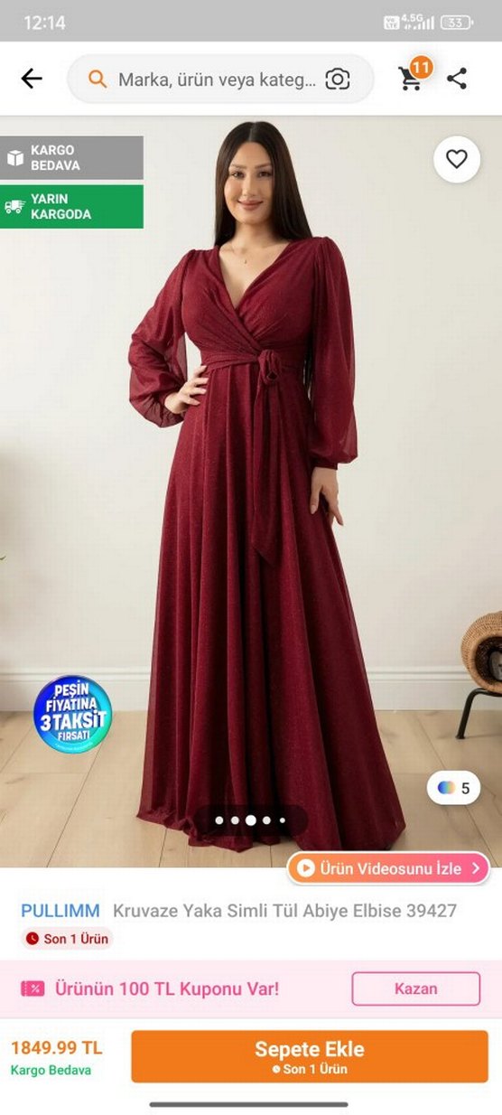 Bordo Uzun Kollu V Yakalı Dökümlü Kadın Abiye - Görsel 3