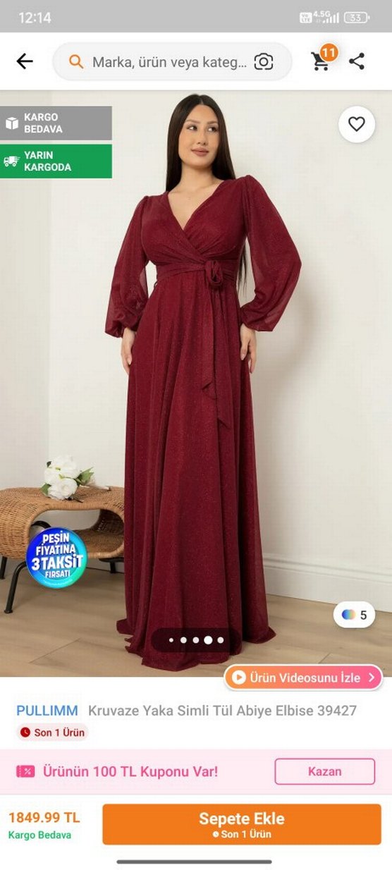 Bordo Uzun Kollu V Yakalı Dökümlü Kadın Abiye - Görsel 2