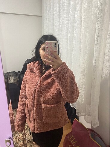 l Beden pembe Renk Peluş mont