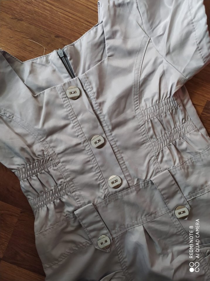 Düğmeli gri satenımsı Midi Elbise - Görsel 2