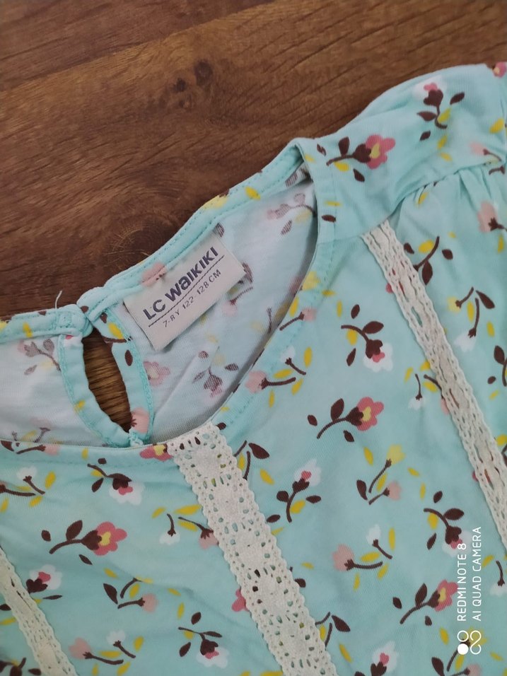 Kız Çocuk Turkuaz Pamuklu Dantel Detaylı Elbise - Görsel 4