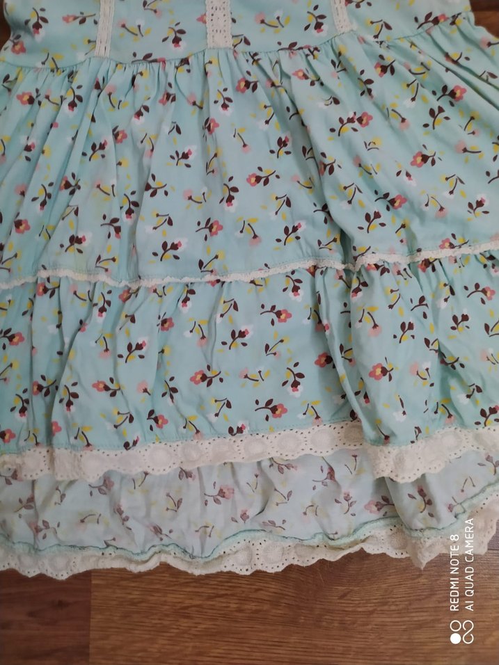 Kız Çocuk Turkuaz Pamuklu Dantel Detaylı Elbise - Görsel 5