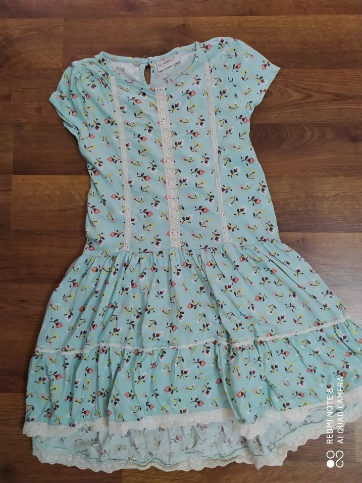 Kız Çocuk Turkuaz Pamuklu Dantel Detaylı Elbise - Görsel 2