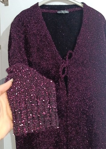 Bordo V Yaka simli Örgü Kadın Hırka - Görsel 2