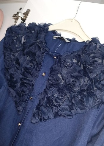 Düğmeli, Nakışlı, Uzun Kollu Mavi Kadın Gömlek - Görsel 2