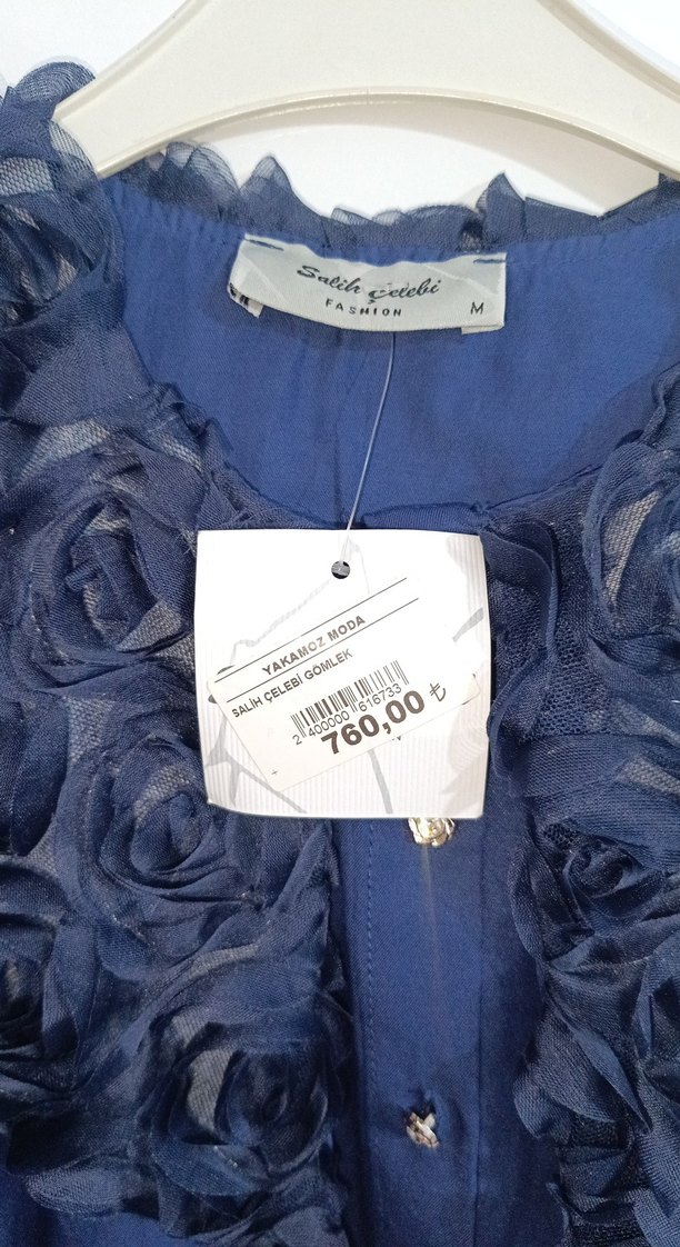 Düğmeli, Nakışlı, Uzun Kollu Mavi Kadın Gömlek - Görsel 3