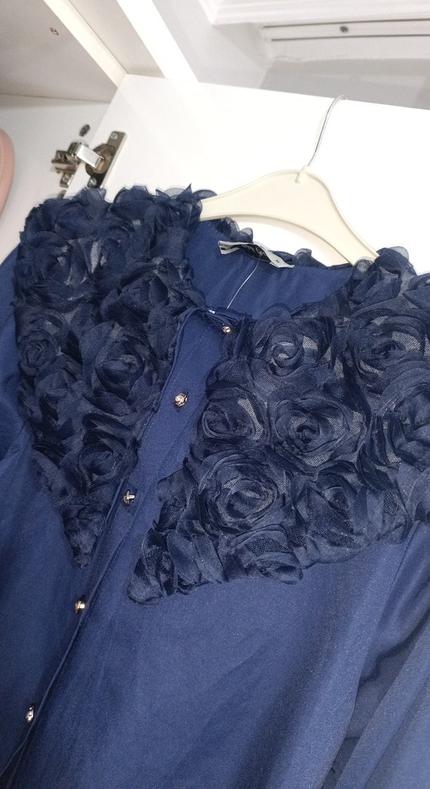 Düğmeli, Nakışlı, Uzun Kollu Mavi Kadın Gömlek - Görsel 2