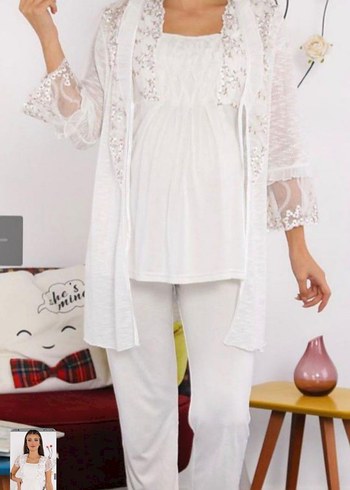 Nakışlı Beyaz Hamile ve Lohusa Gecelik - Görsel 2