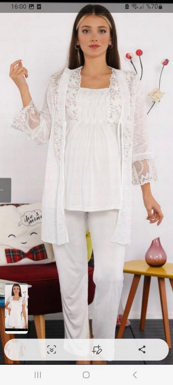 Nakışlı Beyaz Hamile ve Lohusa Gecelik - Görsel 2