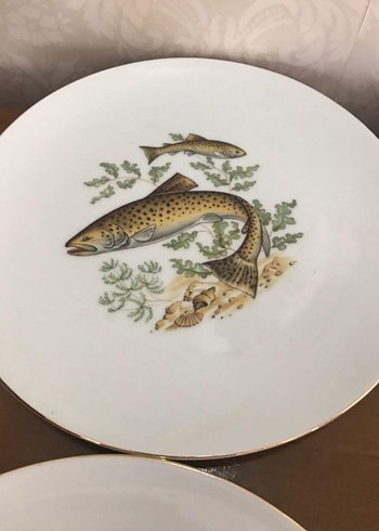 Antika Alman bavaria. Balık Desenli Beyaz Porselen Tabak Seti - Görsel 6