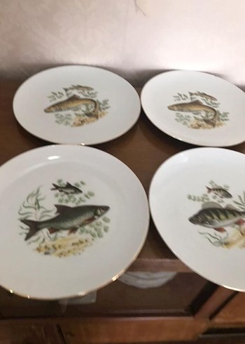 Antika Alman bavaria. Balık Desenli Beyaz Porselen Tabak Seti - Görsel 2