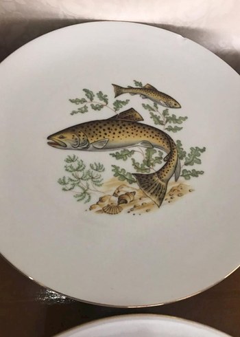 Antika Alman bavaria. Balık Desenli Beyaz Porselen Tabak Seti - Görsel 5