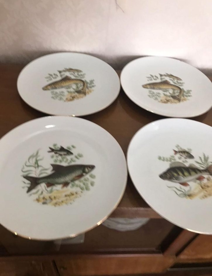 Antika Alman bavaria. Balık Desenli Beyaz Porselen Tabak Seti - Görsel 2