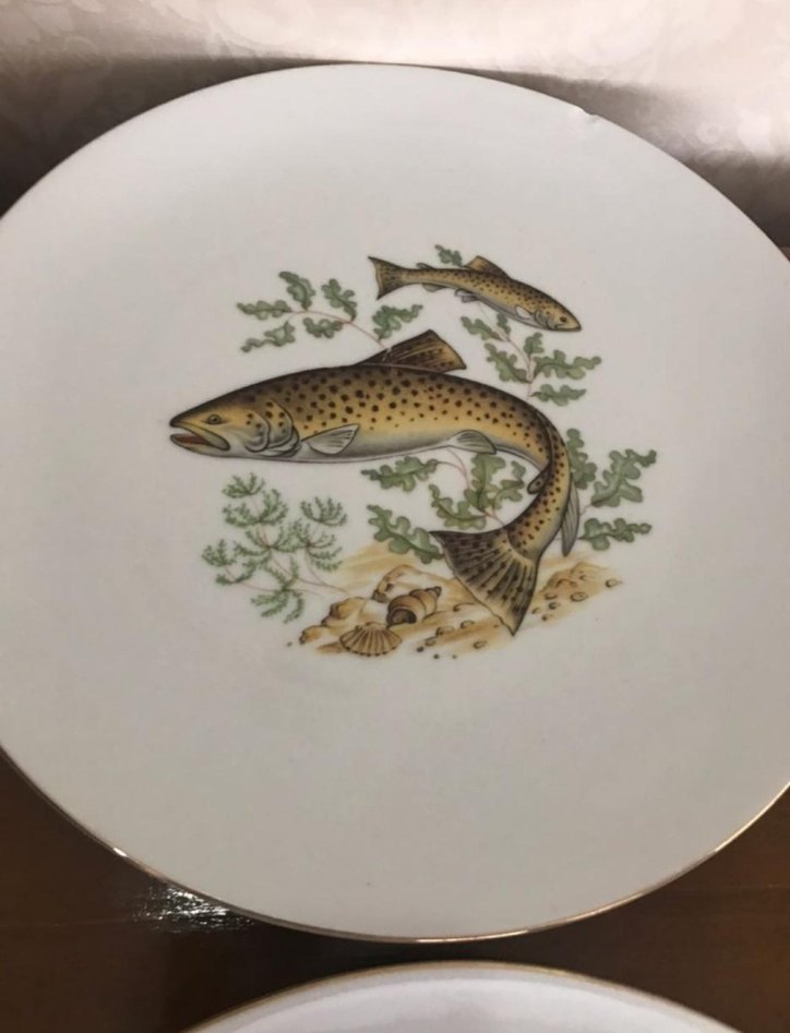 Antika Alman bavaria. Balık Desenli Beyaz Porselen Tabak Seti - Görsel 5