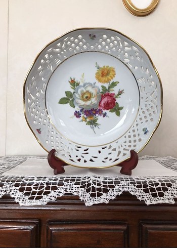 Antika Alman Çiçek Desenli Beyaz Dekoratif Tabak - Görsel 6
