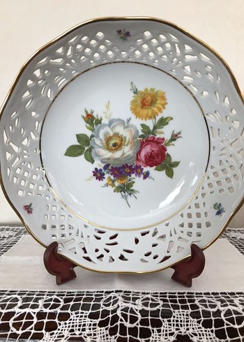 Antika Alman Çiçek Desenli Beyaz Dekoratif Tabak - Görsel 3
