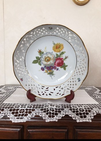 Antika Alman Çiçek Desenli Beyaz Dekoratif Tabak - Görsel 5